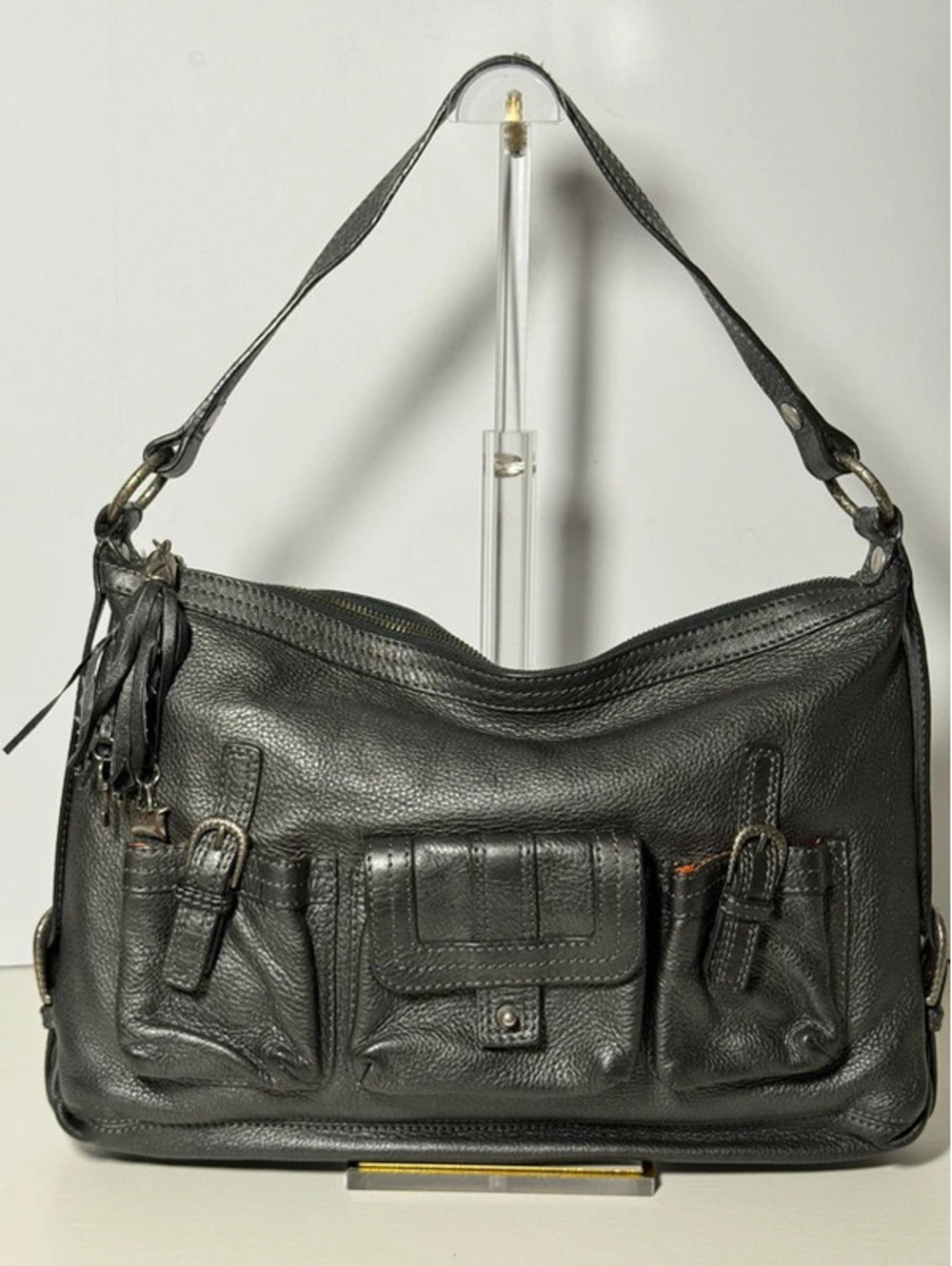 Elliott Lucca Vintage Pebbled Leather Cargo Shoulder Bag Multi Pocket Tassel
